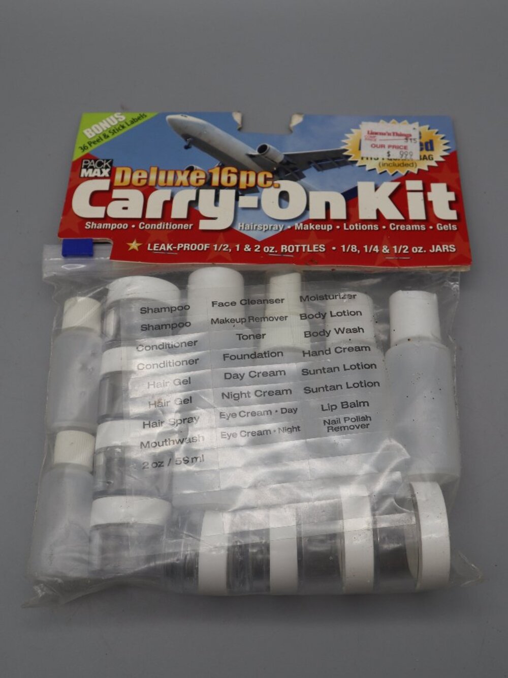 Deluxe 16 Piece Toiletries Travel Airplane Carry-On Kit Bottles & Jars w/ Labels